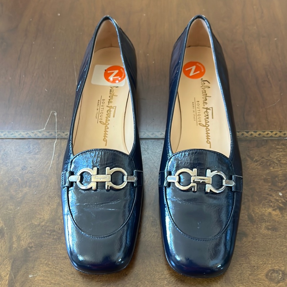 Salvatore Ferragamo Navy Blue Patent Leather Bit Loafers